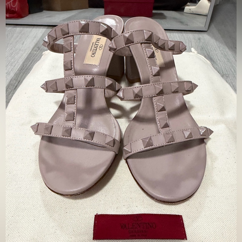 Valentino Pink Studded T-Strap Block Heel Sandals